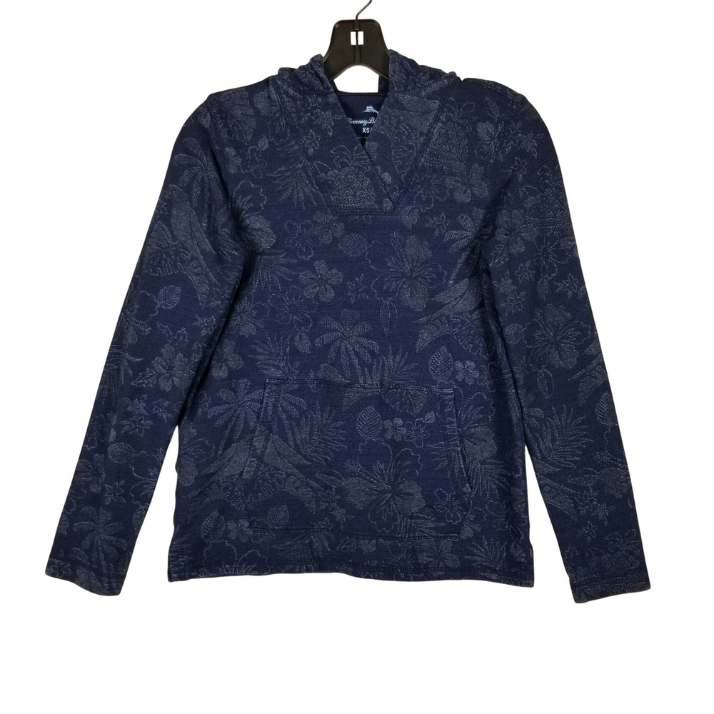 Tommy Bahama Hoodie Women‎ XS Navy Blue Floral Jacquard Tropical V-Neck Pullover